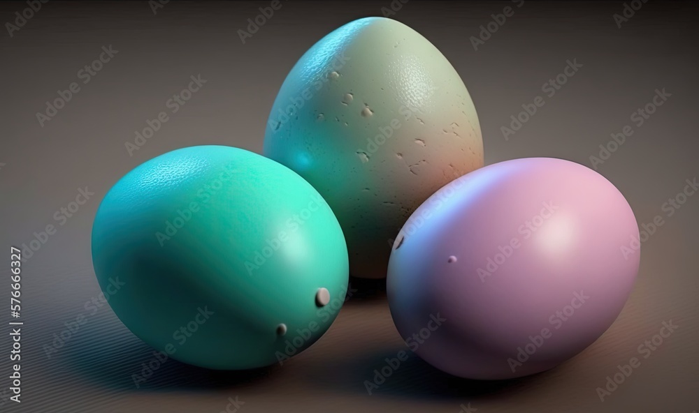 three different colored eggs sitting next to each other on a table. generative ai three different colored eggs sitting next to each other on a table. generative ai