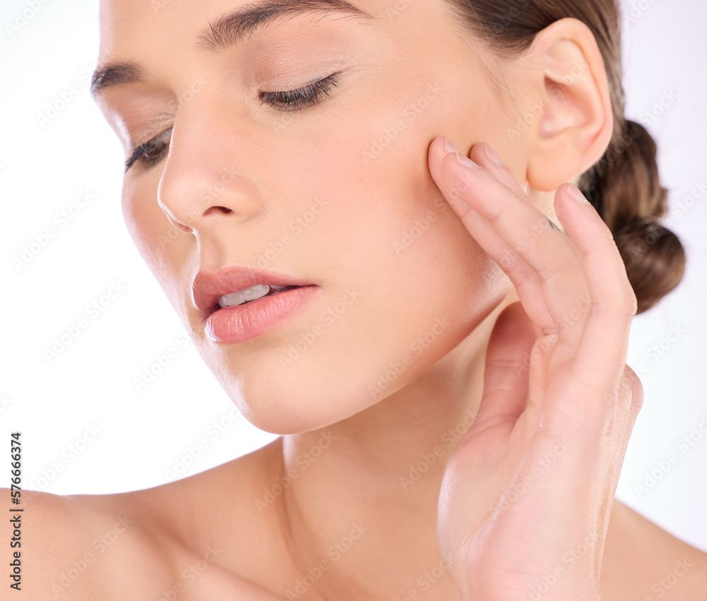 Face, hand or woman with skincare or dermatology product in grooming treatment with natural makeup cosmetics. Beauty, mockup space background or girl model applying luxury facial skincare in studio