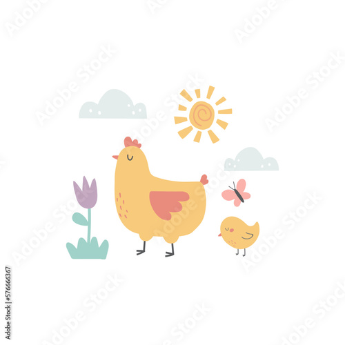 vector image of a cute hen and chicken