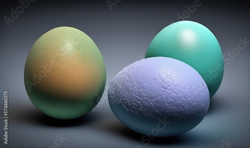  three different colored eggs sitting next to each other on a table. generative ai