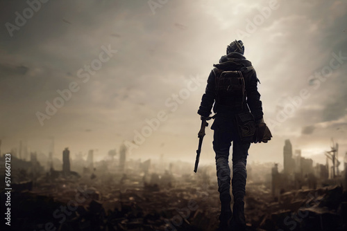 Wallpaper Mural Einsame Kriegerin in dystopischer Endzeit Landschaft. Überlebender in Ruinen einer Stadt. Mensch in postapokalyptischer Welt. KI generiert Torontodigital.ca