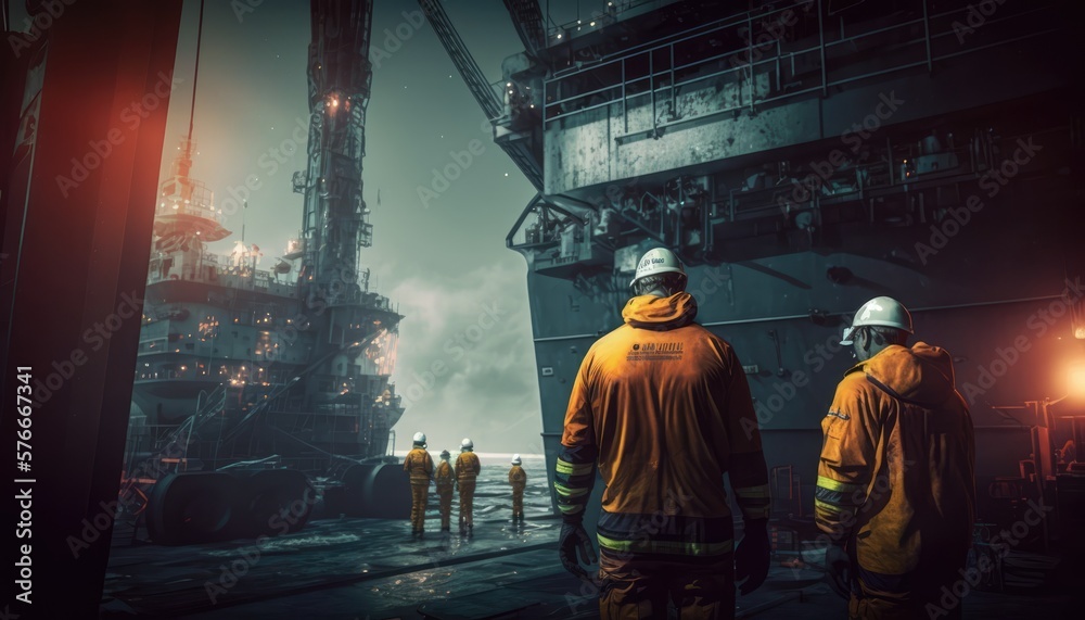 Offshore and industrial workers working on an oilrig, made with generative ai