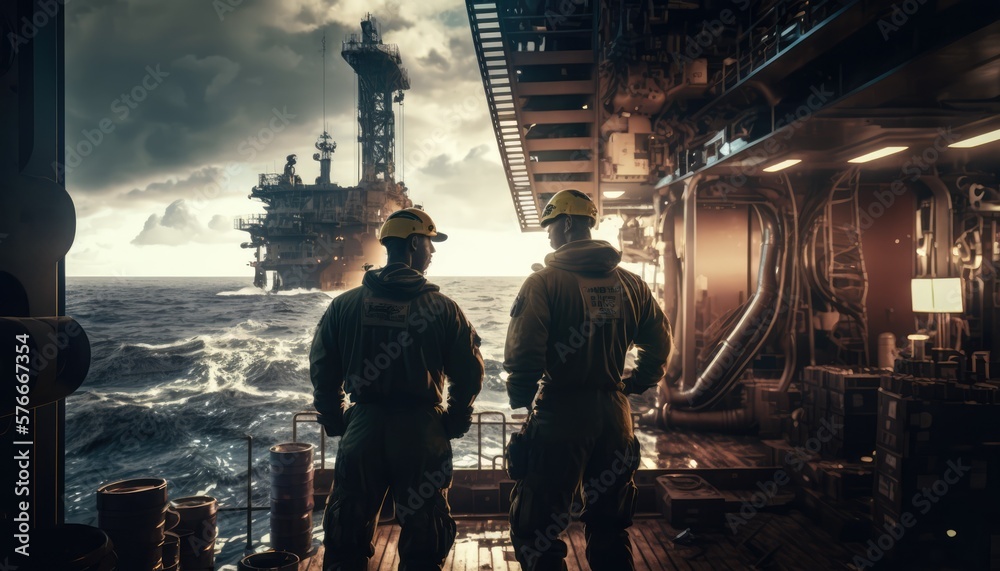 Offshore industrial workers  at oilrig, made with generative ai