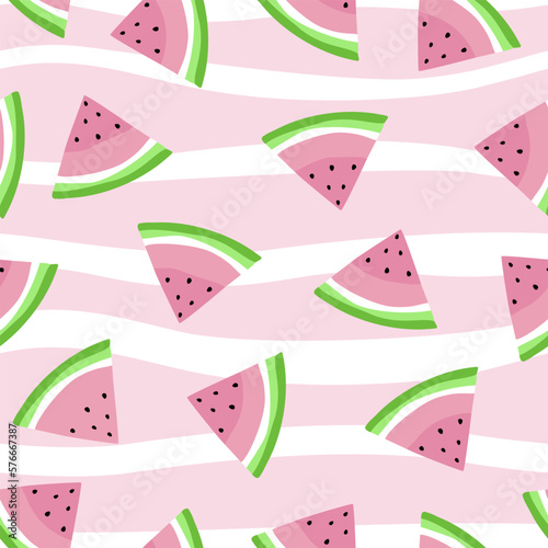 Watermelon Seamless Pattern Vector illustration, watermelon slices on pink and white stripes background.