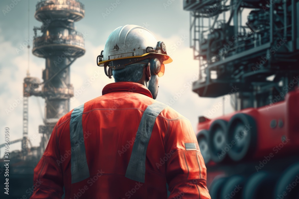 Fototapeta premium Offshore and industrial workers working on an oilrig, made with generative ai