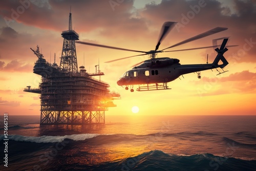Oilrig and helicopter, made with generative ai