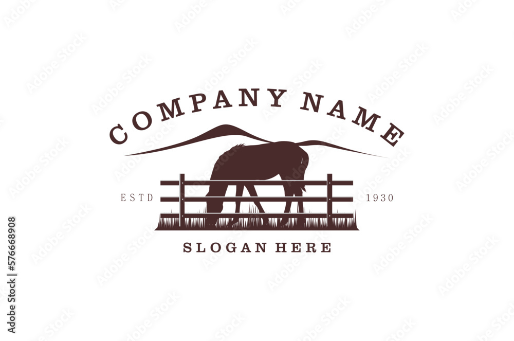 Horse silhouette behind wooden fence paddock for vintage retro rustic countryside western country farm ranch logo design