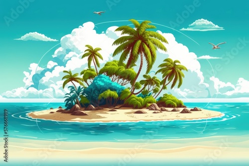 Exotic island vacation  caribbean getaway  maldives scenery  summer vacation  turquoise sea  ocean wave  yellow sand  green palms  blue sky  white clouds. Generative AI