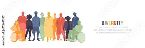 Diversity. People stand side by side together. Flat vector illustration.