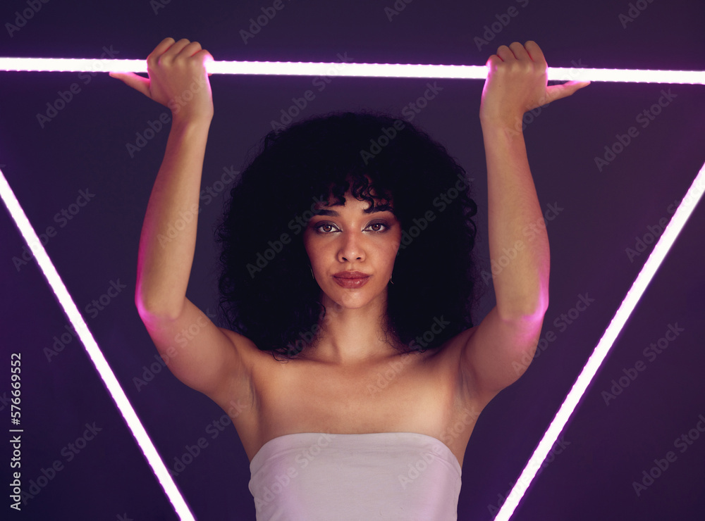 Neon, black woman and beauty portrait light or purple uv triangle for makeup, cosmetics and self love. Face of aesthetic gen z model person on dark background for natural art glow fashion in studio Neon, black woman and beauty portrait light or purple uv triangle for makeup, cosmetics and self love. Face of aesthetic gen z model person on dark background for natural art glow fashion in studio