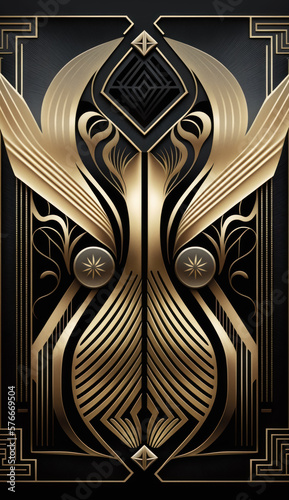 Vertical card back ard deco bleck and gold Luxury Casino Gambling Design. Generative AI. photo