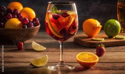  a glass of wine with fruit and a bowl of lemons. generative ai