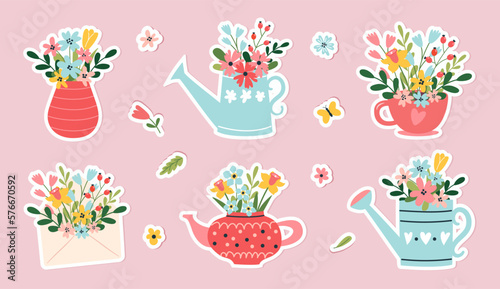 Spring set of hand drawn stickers. Floral decorations. Bouquets of flowers in a watering can, cup, teapot, envelope. Seasonal symbols. Suitable for scrapbooking, greeting card, stickers, flower shop.