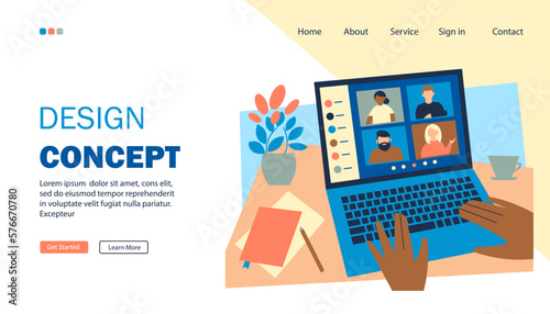 Video conference landing page. Virtual meetings of people for work, study, communication. People on laptop screen and hands on keyboard. Desktop, work remotely. Flat vector.