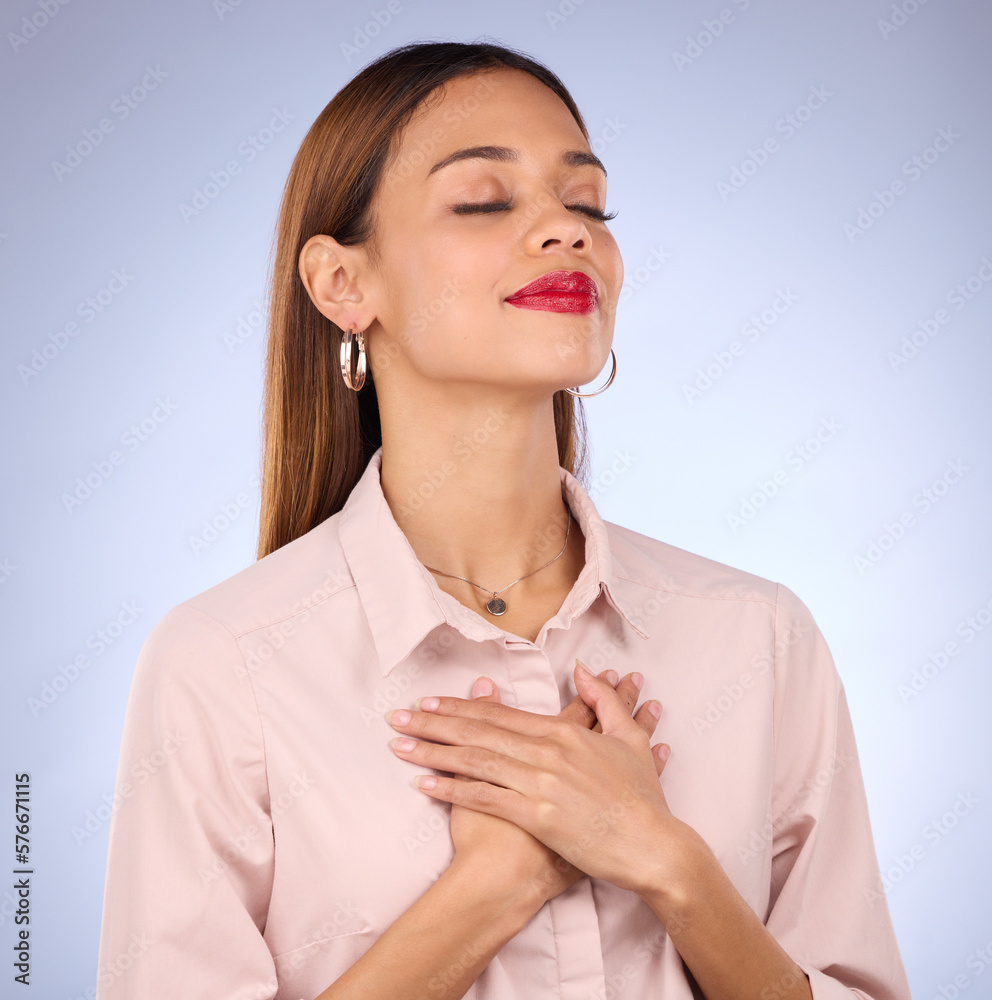 Hands On Chest Heart And Self Love With Woman Against Studio
