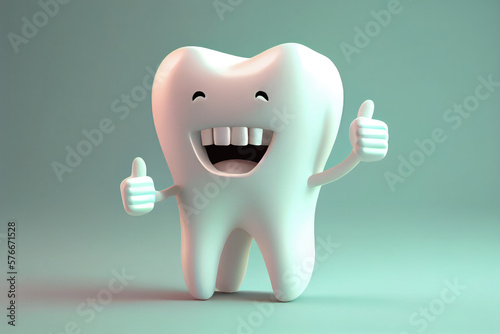 Happy tooth cartoon character with two thumb up. Generative AI. 