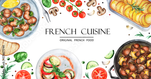 French cuisine banner. Menu design template watercolor