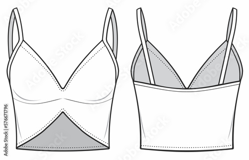 Women´s V Neck Wired Cami Top fashion technical drawing template, Sexy Tank Top, Sleeveless, Stretchy, Slim Fit, Cami Top Illustration. front and back view, white color, mockup.