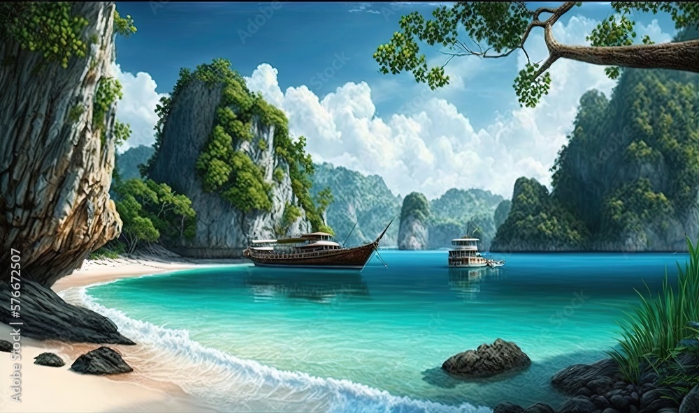 Obraz premium a painting of a beach with a boat in the water. generative ai