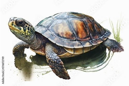A lovely mud turtle. animal life that thrives in fresh water. Top down perspective. White backdrop with a watercolor style image. Generative AI