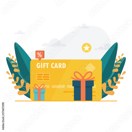 Gift card, loyalty program, earn points, redeem present box, more discount, perks concept, vector flat icon
