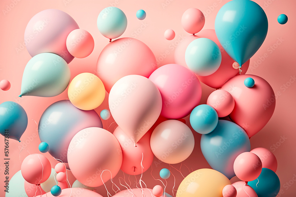 Pink background with balloons abstract party in pastel colors	 - obrazy, fototapety, plakaty 