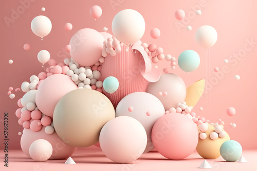 Pink background with balloons abstract party in pastel colors 