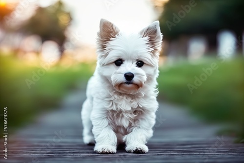 Maltese dog, pet, white maltese puppy in garden, generative ai, summeritme photo