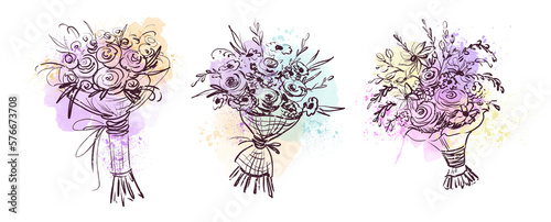 A set of watercolor wedding bouquets. Bride's bouquet, hand-drawn sketch on a white background