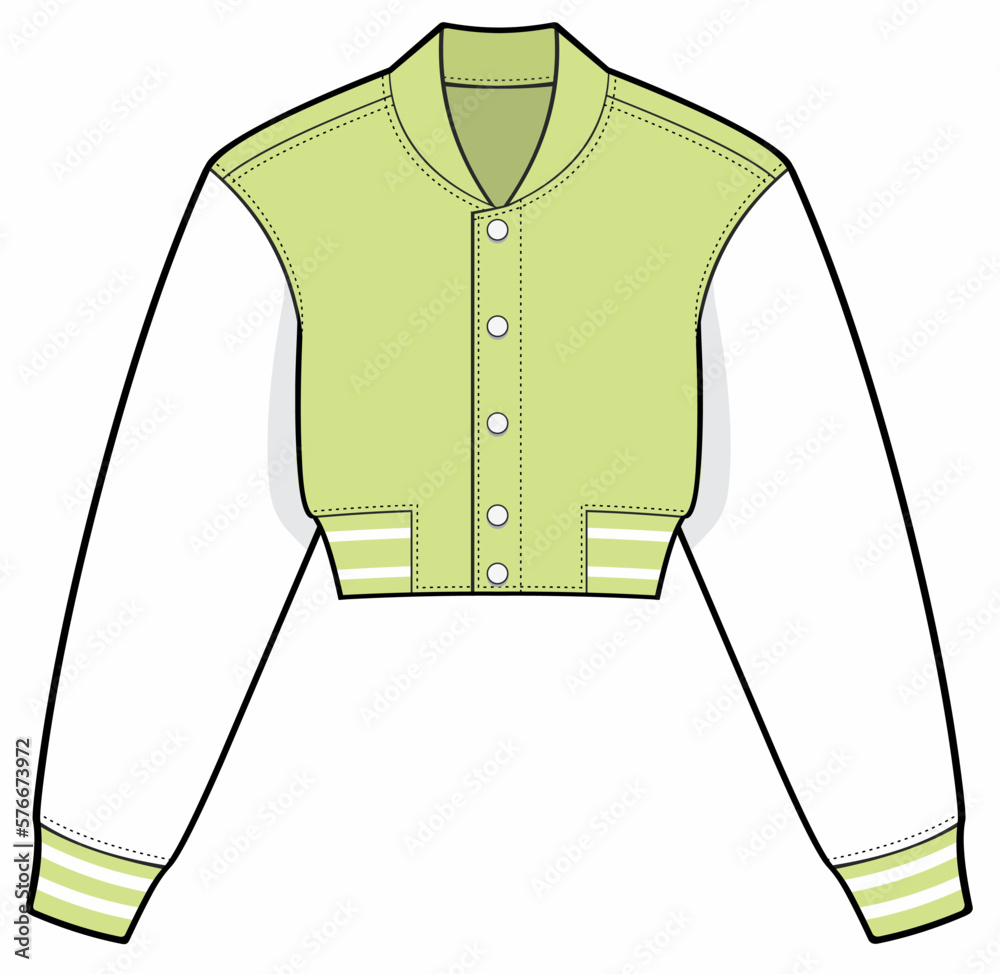 ladies' Cropped varsity jacket fashion technical drawing template. bomber  jacket Illustration. front and back view, Green and white color, mockup.  Stock Vector | Adobe Stock