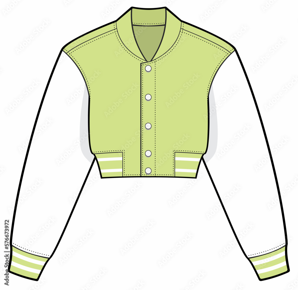 ladies' Cropped varsity jacket fashion technical drawing template. bomber jacket Illustration