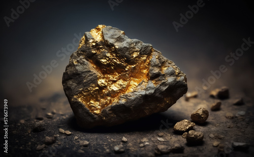 Gold Nugget, large and with a rough rocky look. Concept of Gold mining and prospecting. Illustrative Generative AI.
