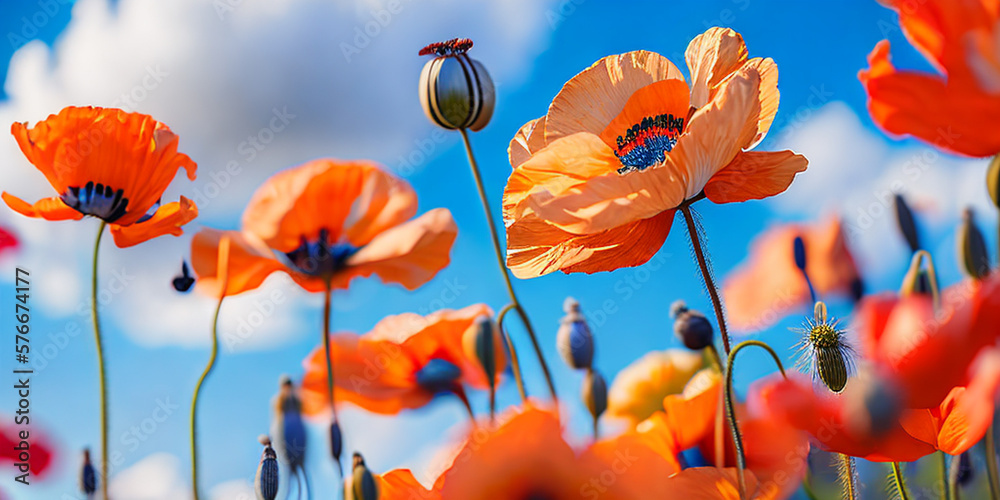Obraz premium Orange poppy flowers in the field fresh blue sky. generative AI 