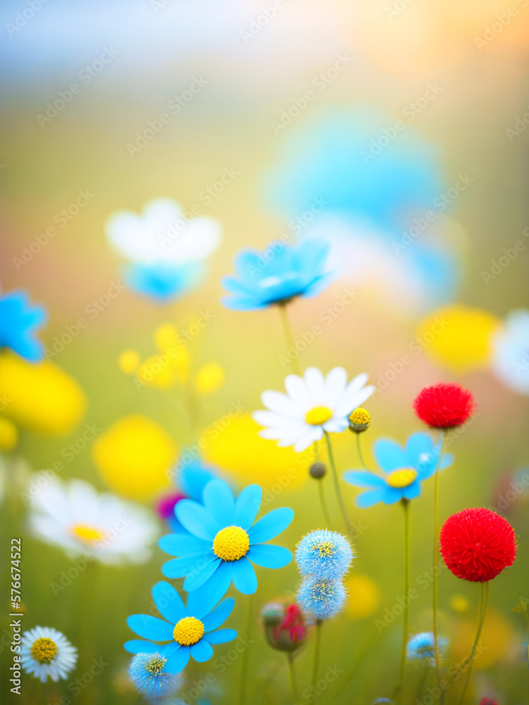 Colorful wild flowers in feild blurred background for banner or background in vertical image. Generated Ai