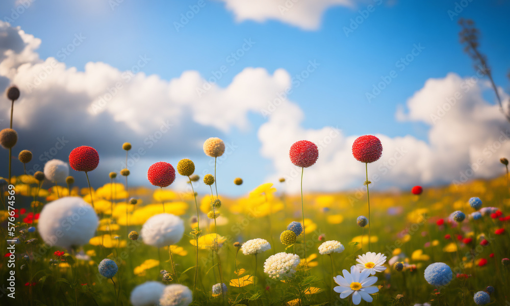 Colorful flower in field with blue sky and cloud. AI generated. Colorful flower in field with blue sky and cloud. AI generated.