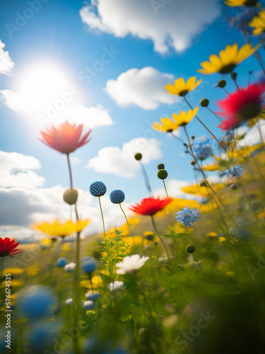 Colorful flower field with blue sky and cloud. AI generated.