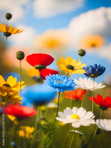 Colorful flower field with blue sky and cloud. AI generated. © AEIOU