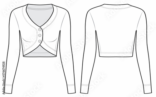 long sleeve Cropped Knit Top fashion technical drawing template. rib Knit Top Illustration. front and back view, white color, Women's Fashion, mockup.