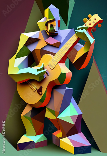 Afro-American male musician guitarist playing a guitar in an abstract cubist style painting for a poster or flyer, computer Generative AI stock illustration