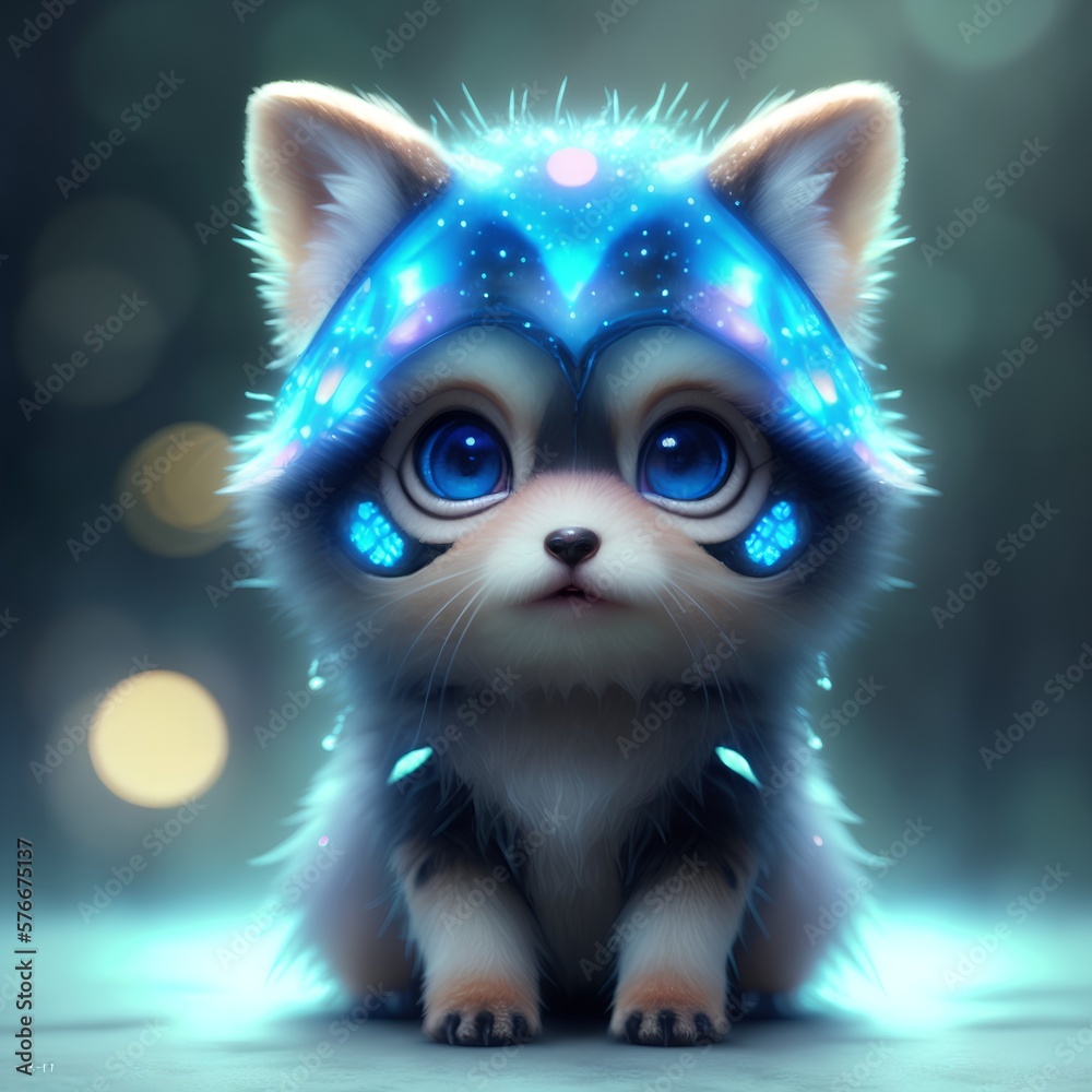 Little cute fluffy kitten with big blue eyes in forest and a glowing headpiece AI Little cute fluffy kitten with big blue eyes in forest and a glowing headpiece AI