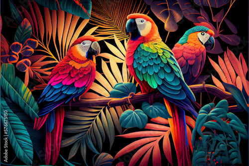Pattern of tropical leaves in bright and rich colors. Parrots among the leaves. photo
