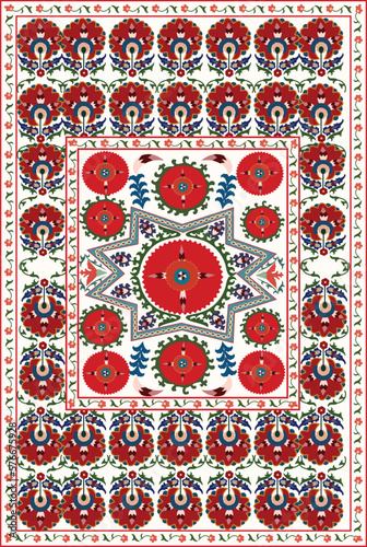 Suzani - a traditional textile product in Uzbekistan, a home interior element. Nowadays using for decorating fashion outfits and other creative elements. 