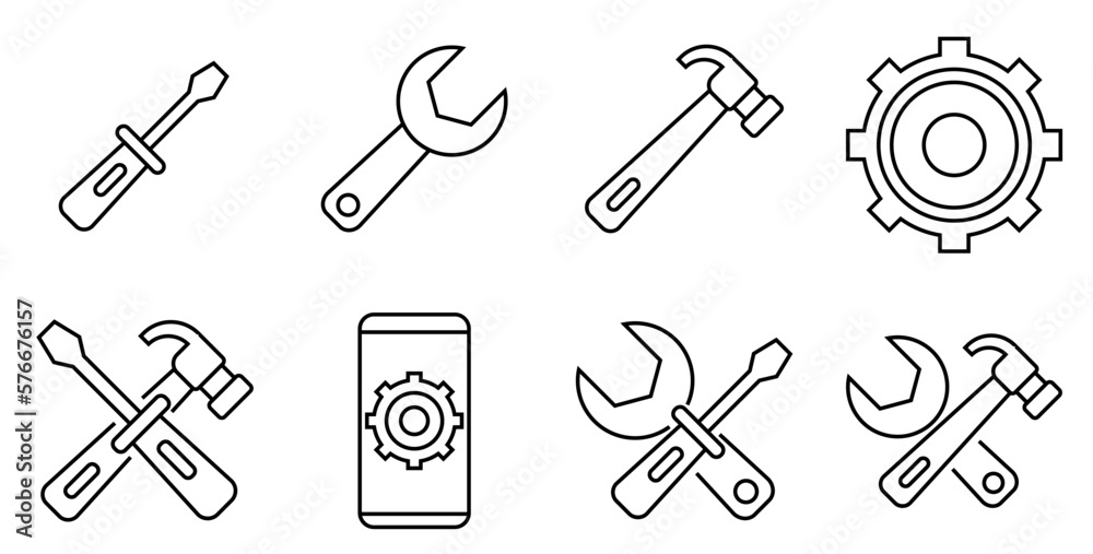 Repair line icon set. Screwdriver, Wrench, Hammer. phone service. vector Repair line icon set. Screwdriver, Wrench, Hammer. phone service. vector
