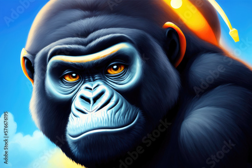 Modern drawing of Gorilla on colorful background. Colorful magic gorilla monkey, cartoon style painting. Generative ai art illustration