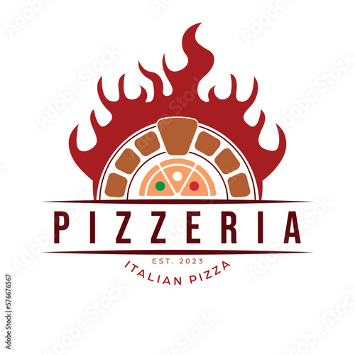 Oven and pizza logo template vector. Luxury pizzeria logotype. Italian pizza flat logo design.