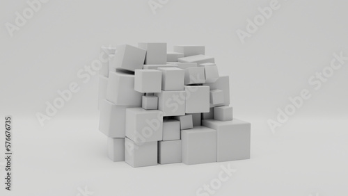 3d rendering of an array of many white cubes of different shapes on a white surface. Abstract composition. The idea of combining chaos  disorder  structure and beauty.
