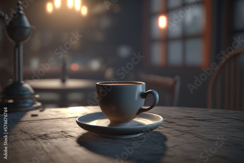 A cup of coffee on a table in a cafe. AI generative.
