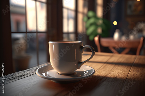 Cup of coffee on the table in the restaurant. AI generative.