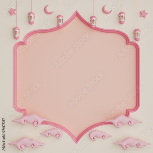 Islamic decoration background window border ramadan kareem banner template with 3d illustration mosque, lantern, cloud, crescent and stars copy space