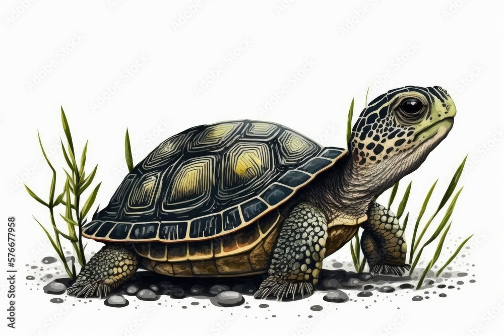 Fototapeta premium A tiny turtle on a white background. Generative AI